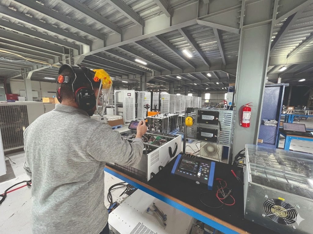 ENCLOVE üretim tesisindeki bir kontrol panelinde çalışan teknisyen