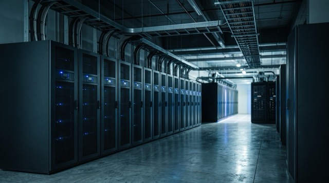 Bir veri merkezi elektrik odasında sıralanmış endüstriyel KGK kabinleri; güç kabloları tavan kablo tavalarından ilerideki aydınlatılmış sunucu koridoruna doğru uzanıyor
