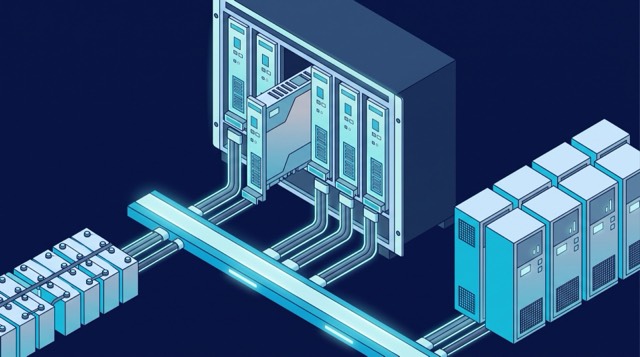Birkaç özdeş takılabilir redresör modülünün ortak bir DC baraya beslediği modüler bir redresör kasetinin izometrik teknik şeması; aynı baraya bağlı bir akü grubu ve DC yükler