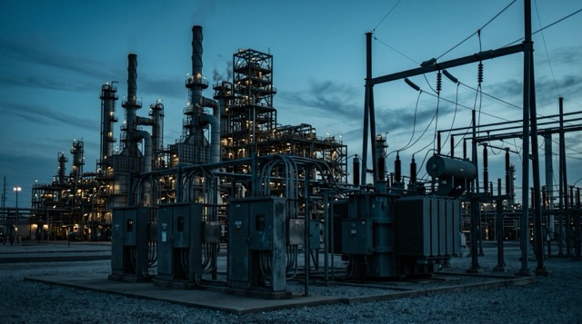 Alacakaranlıkta ağır sanayi tesisine ait bir şalt sahası ve elektrik odası binası; açık kepenkli kapıdan görülen şalt kabinleri sıraları ve arkada aydınlatılmış proses tesisi ile bacalar
