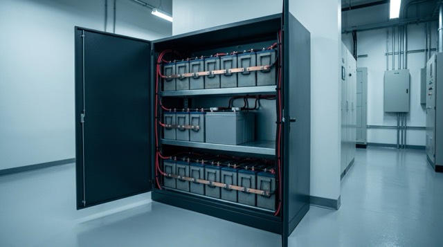 Temiz bir elektrik odasındaki açık akü kabini; bakır baralarla birbirine bağlanmış kurşun-asit blok raflarının arasında yakın zamanda değiştirilmiş bir blok, biraz daha eski blokların yanında duruyor