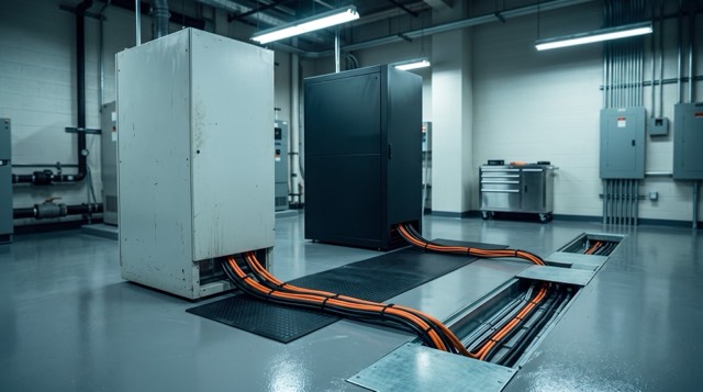 Temiz bir elektrik odasında yenileme sırasındaki bir KGK tesisatı: yeni kurulmuş bir ünitenin yanında kapağı açık duran eski gri kabin ve zemindeki koruyucu örtünün üzerinden geçirilmiş geçici kablolar