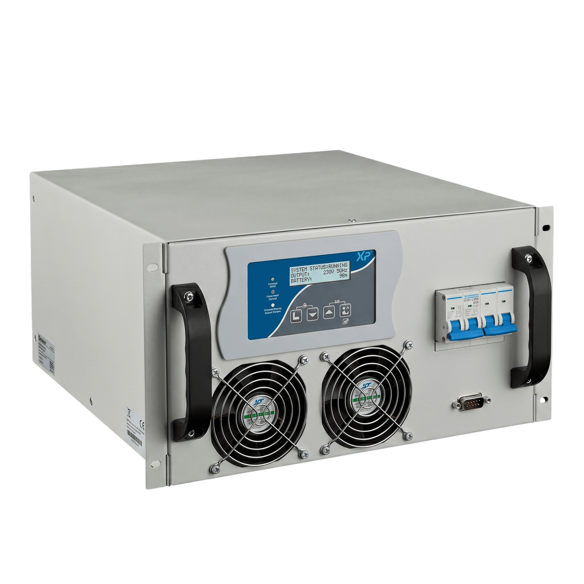 230V 50Hz çıkışı gösteren LCD durum ekranı, çift soğutma fanı, minyatür devre kesiciler, seri port ve taşıma kulplarıyla rack tipi EVR Serisi invertör ünitesi