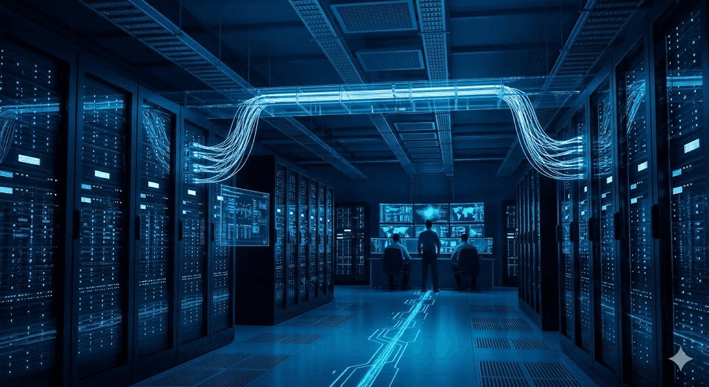 Sunucu kabinleri ve parlayan fiber kablo kanallarıyla dolu veri merkezi salonu; izleme istasyonunda oturan operatörler